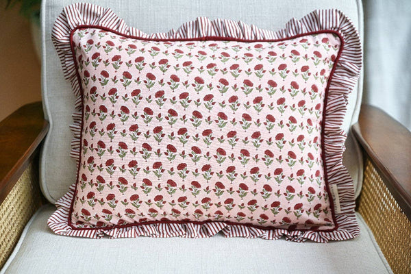 Ruffled Cushion Cover - Scarlet Ditsy Floral Block Printed - Paper Mirchi