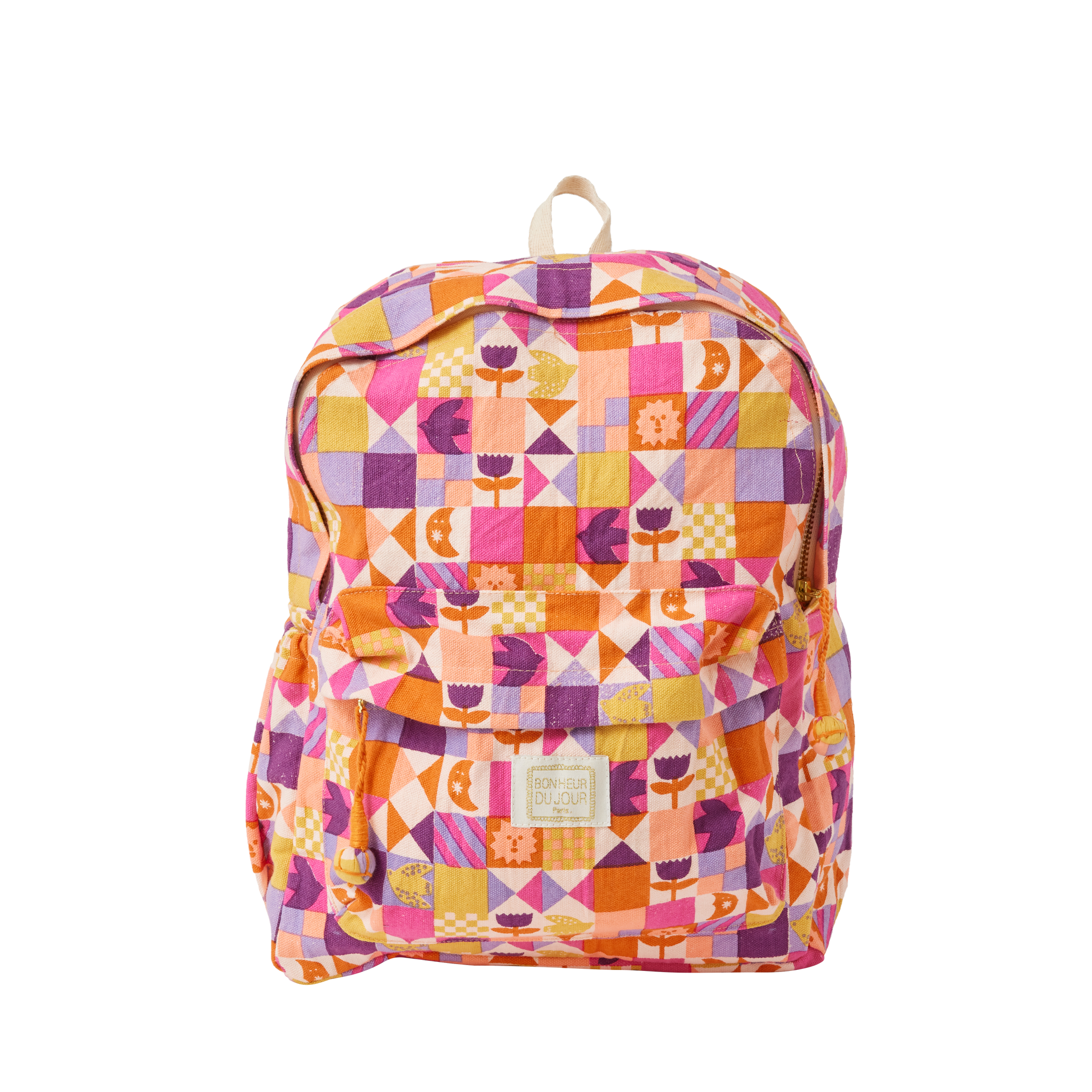 Colourful geometric patterned backpack on a white background