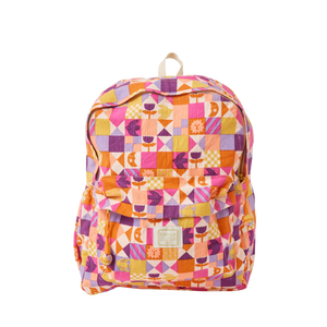 Colourful geometric patterned backpack on a white background