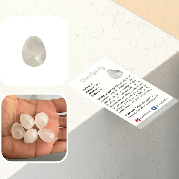 Clear crystal gemstones with packaging and text on a light background