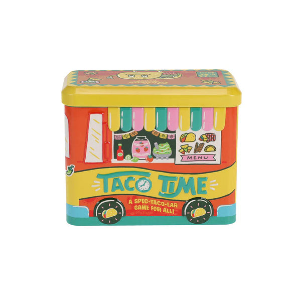 Colourful tin box with a taco truck design and 'Taco Time' text on a white background