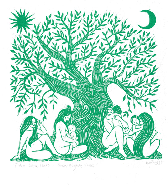 Green illustration of women under a tree with a baby, surrounded by nature elements.