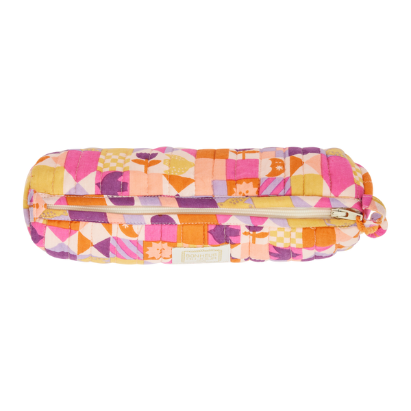 Colorful geometric patterned pencil case on a white background