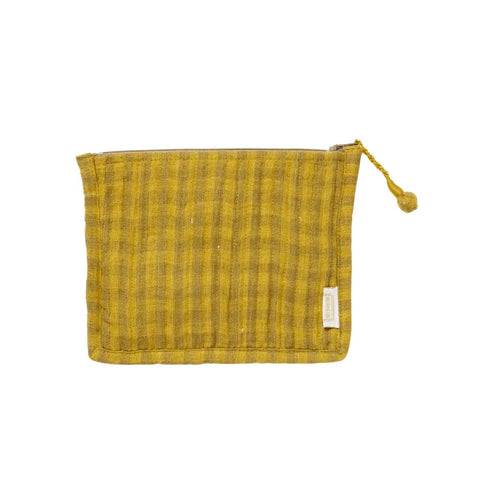 Olive striped pouch with a tassel on a white background