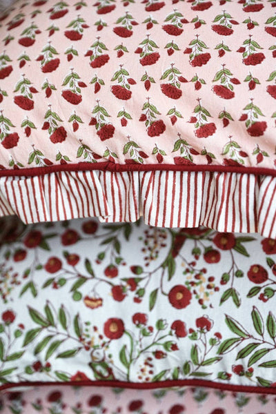 Ruffled Cushion Cover - Scarlet Ditsy Floral Block Printed - Paper Mirchi