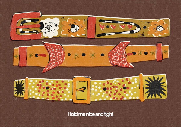 Three colourful belts with decorative patterns on a brown background