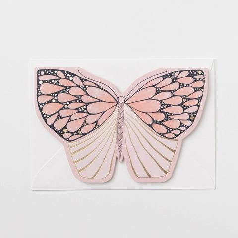 Butterfly-shaped card with pink and gold design on a white background
