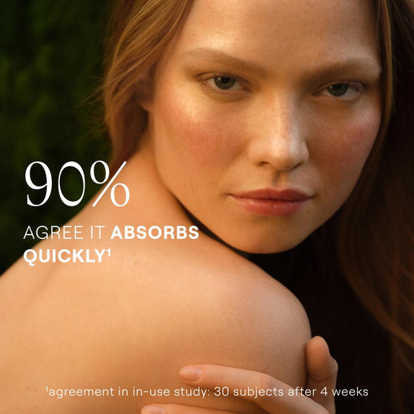 Woman with a blurred background and text about product absorption