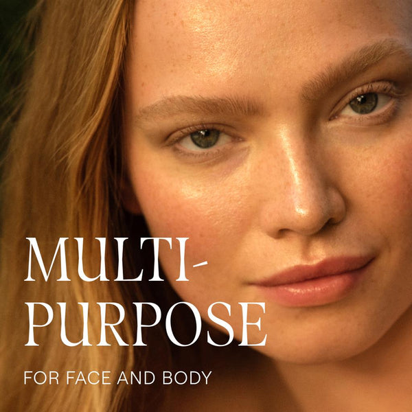 Close-up of a person with text 'Multi-Purpose for Face and Body' on a blurred background