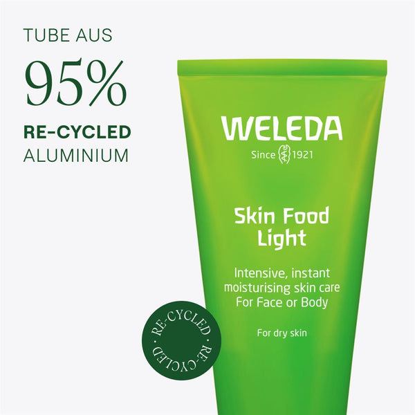Green Weleda Skin Food Light tube with recycling information on a white background