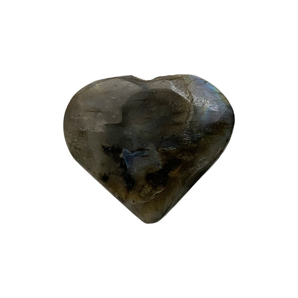 Heart-shaped labradorite stone with a rough texture on a white background