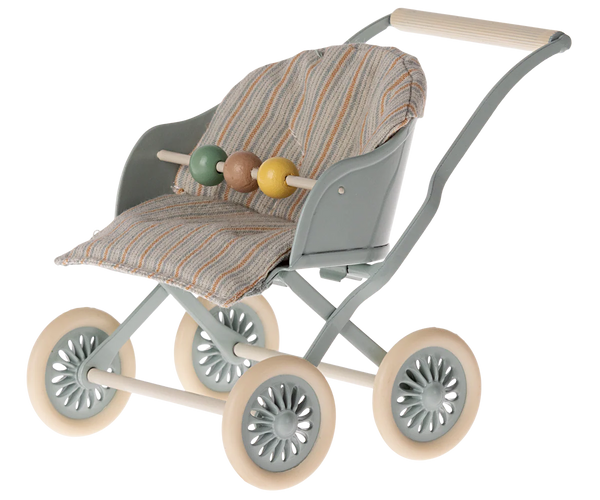 Toy pram with striped cushion and colourful beads on a white background