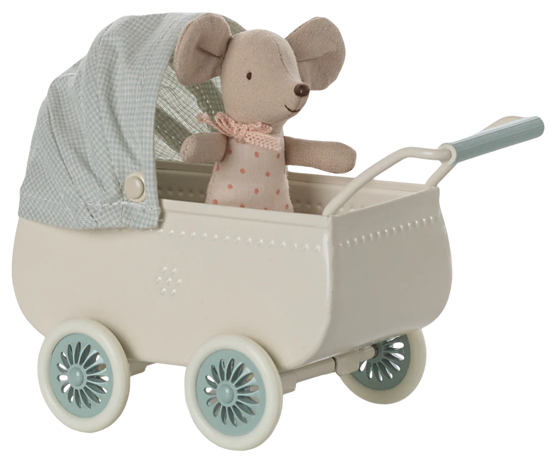 Mint Pram with Baby Mouse - Maileg