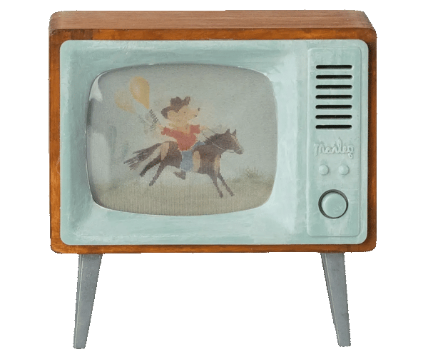 Vintage-style television with a cartoon of a mouse riding a horse on the screen.