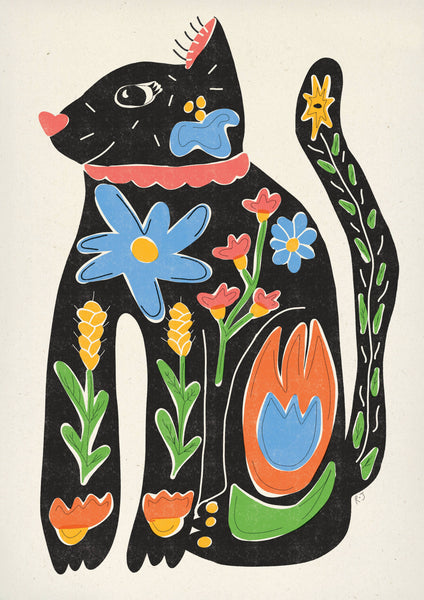 Colourful illustration of a black cat with floral patterns on a beige background
