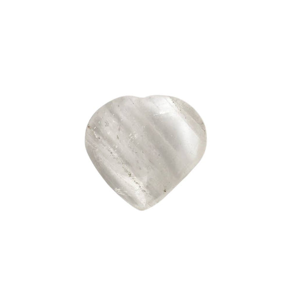 Clear quartz heart-shaped crystal on a white background