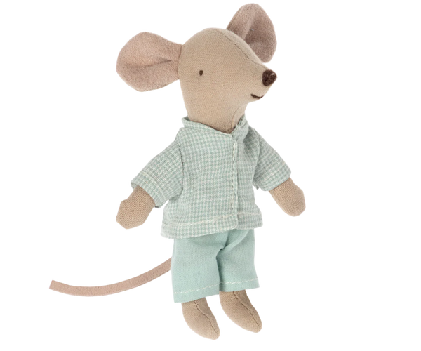 Stuffed mouse toy wearing a green checkered shirt and shorts on a white background