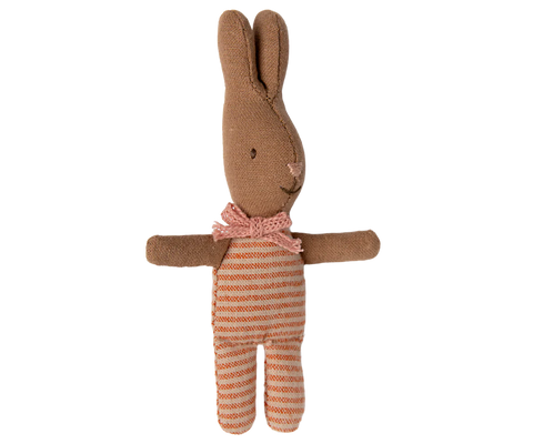 Stuffed rabbit toy with a striped body on a white background