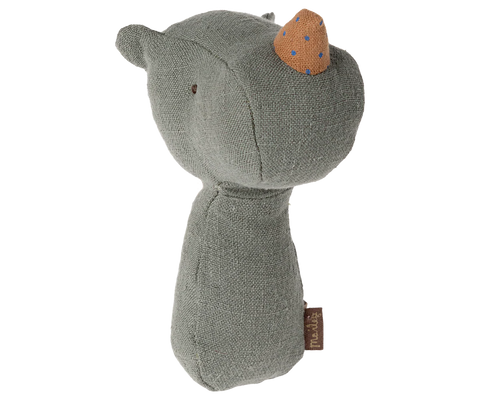 Grey rhino rattle with a brown horn on a white background