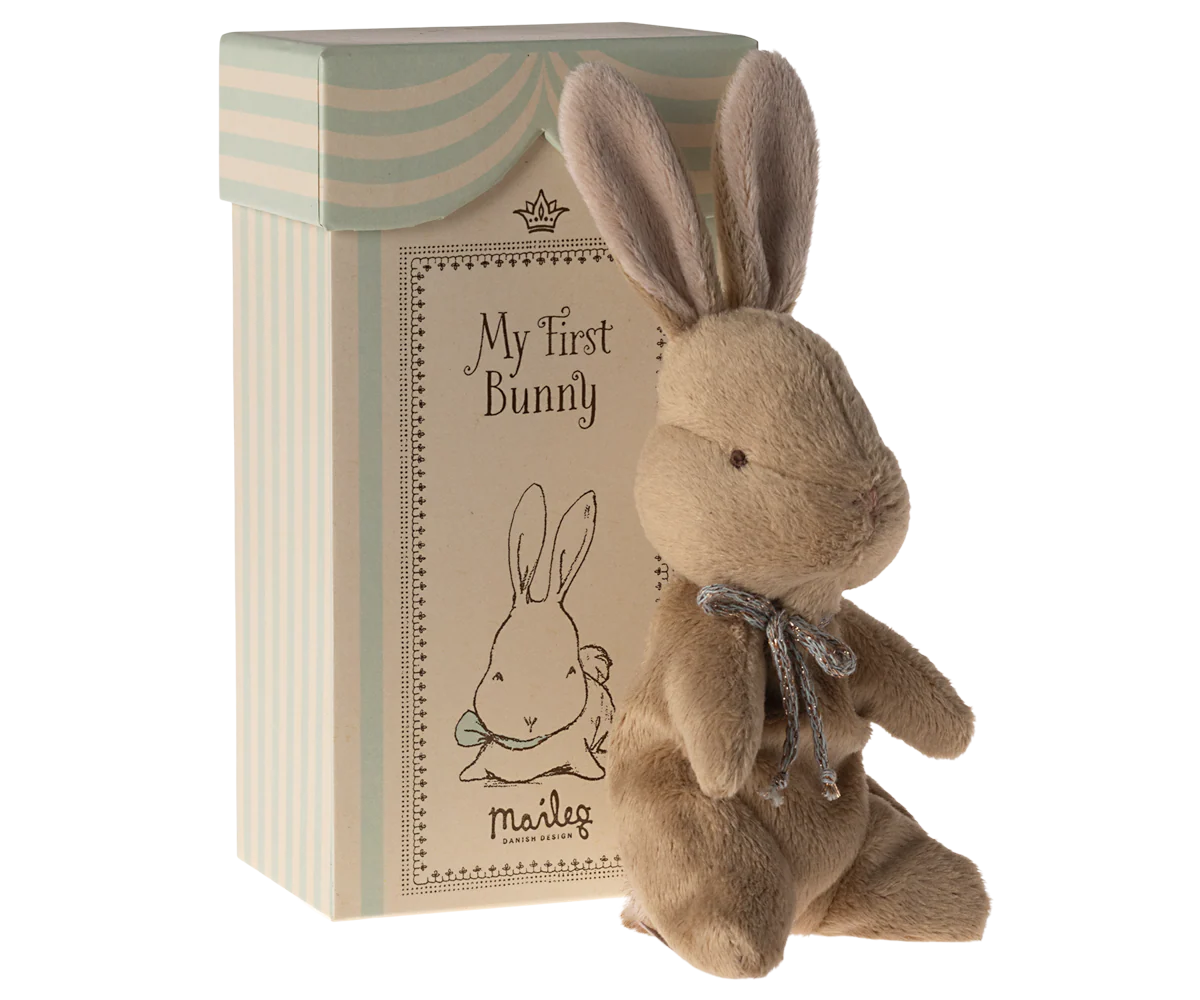 Stuffed bunny toy with 'My First Bunny' packaging on a white background