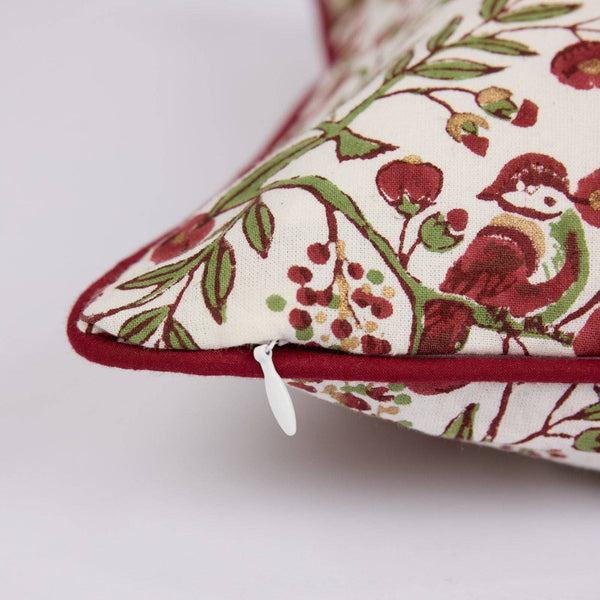 Cushion Cover - Scarlet Songbird Block Printed - Paper Mirchi