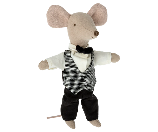 Stuffed toy mouse in a suit on a white background