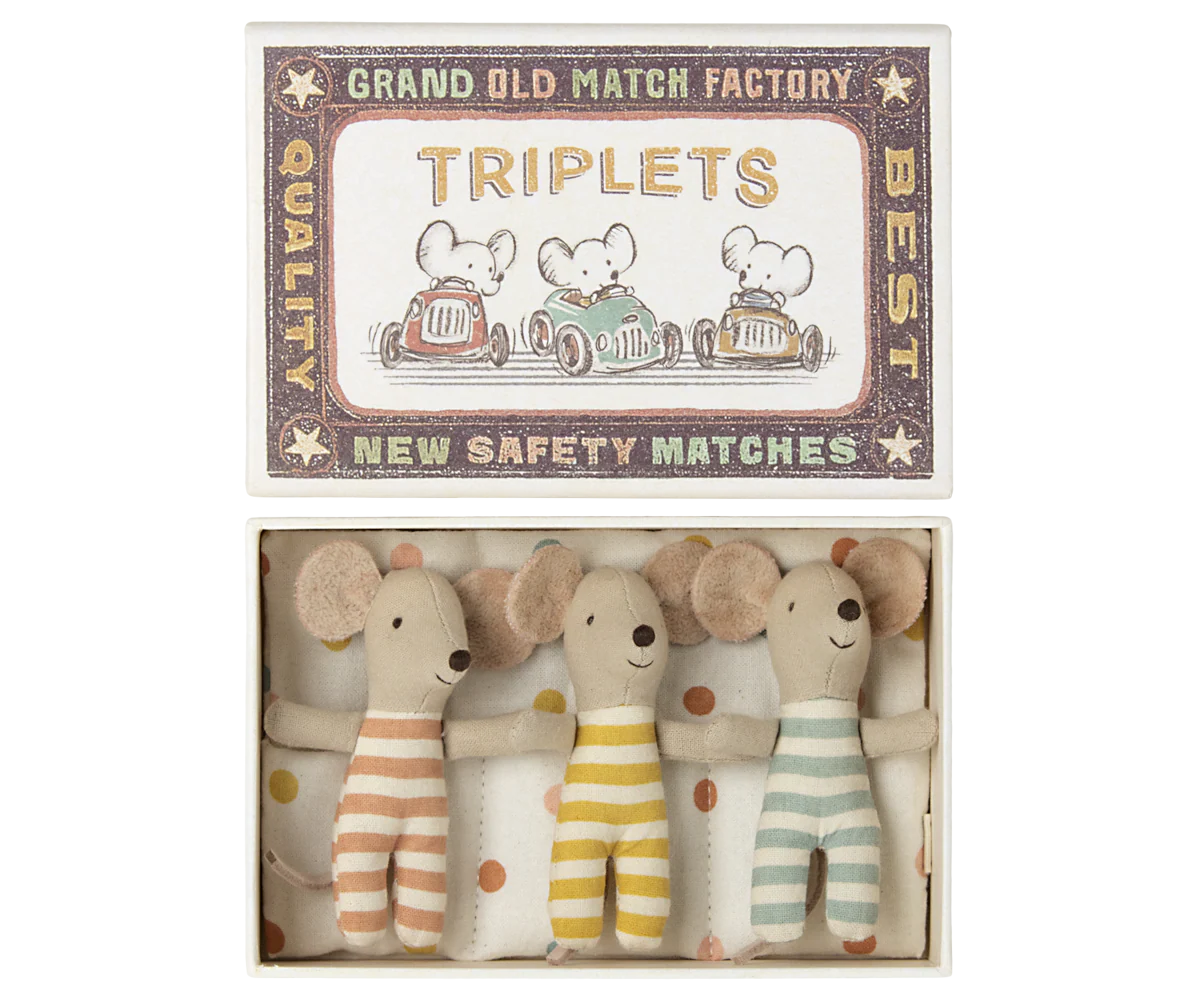 Three toy mice in striped outfits inside a matchbox packaging with 'Grand Old Match Factory' branding.