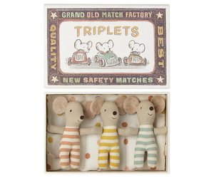 Three toy mice in striped outfits inside a matchbox packaging with 'Grand Old Match Factory' branding.