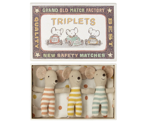 Three toy mice in striped outfits inside a matchbox packaging with 'Grand Old Match Factory' branding.