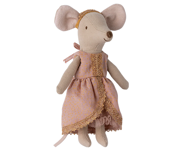 Stuffed mouse toy wearing a pink dress with lace trim on a white background