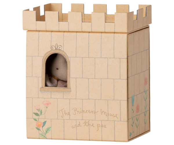 Wooden castle toy with a small plush mouse inside, on a white background