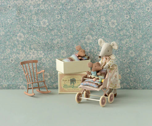 Blue Sleepy Wakey Baby Mouse in Matchbox and pram with mother mouse - Maileg