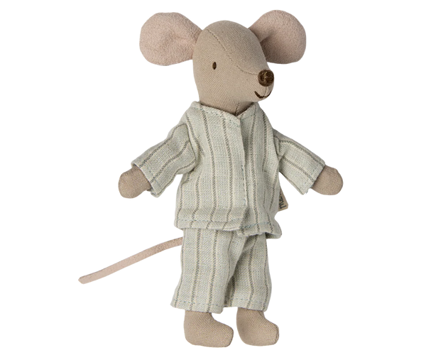 Stuffed mouse toy wearing a striped outfit on a white background