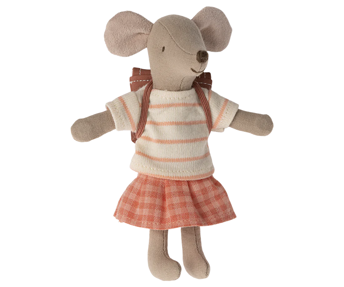 Coral Tricycle Mouse, Big Sister with Bag - Maileg