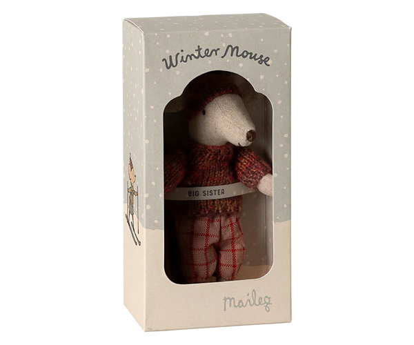 Stuffed mouse toy in a box with 'Winter Mouse' text and 'Maileg' branding.