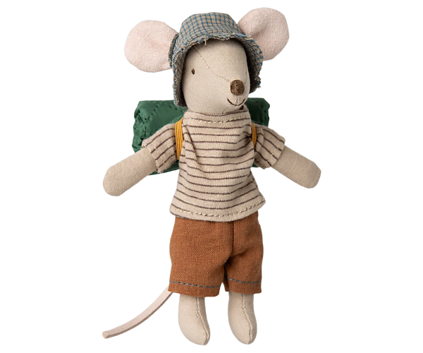 Soft toy mouse in hiking gear on a white background