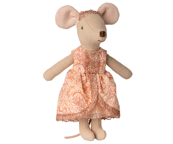 Stuffed mouse toy wearing a patterned dress on a white background
