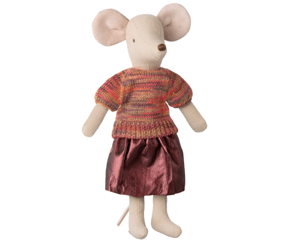 Stuffed mouse toy wearing a colourful sweater and red skirt on a white background