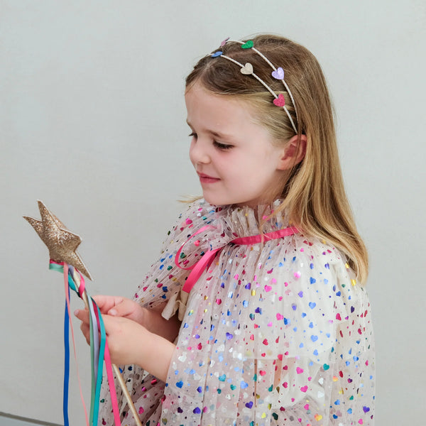 Young girl in a polka dot dress holding a wand with a star on a plain background
