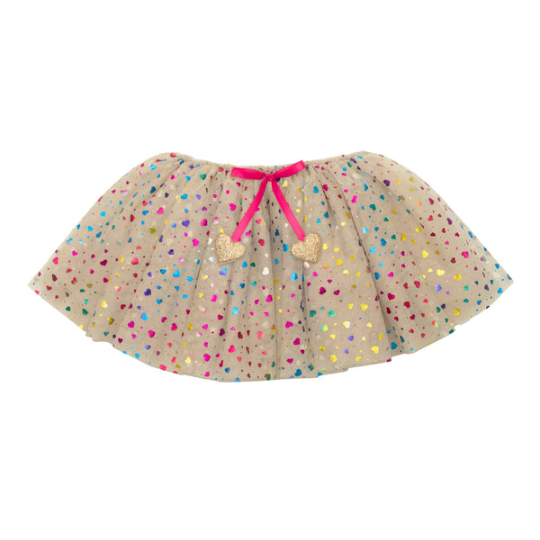 Children's skirt with colourful hearts and a pink ribbon on a white background