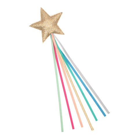 Decorative wand with a gold star and colourful ribbons on a white background