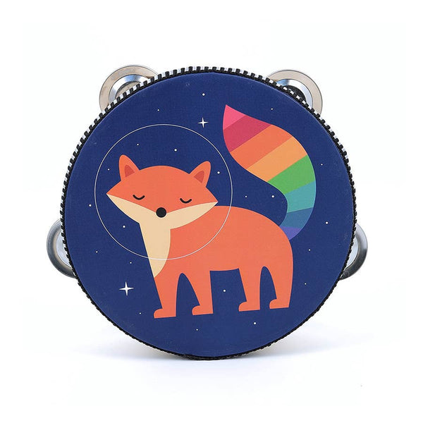 Tambourine with a fox design and rainbow tail on a blue background