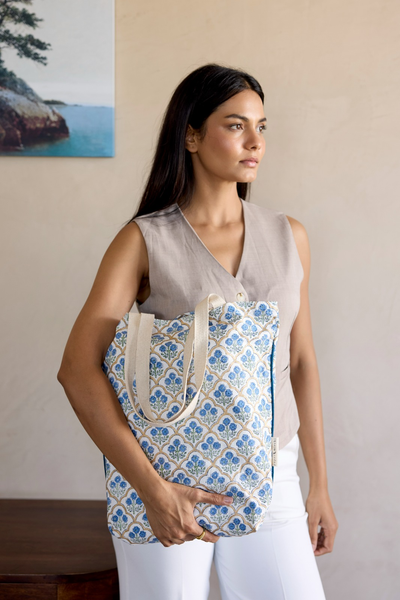 Trellis Indigo Organic Cotton Tote Bag - Paper Mirchi