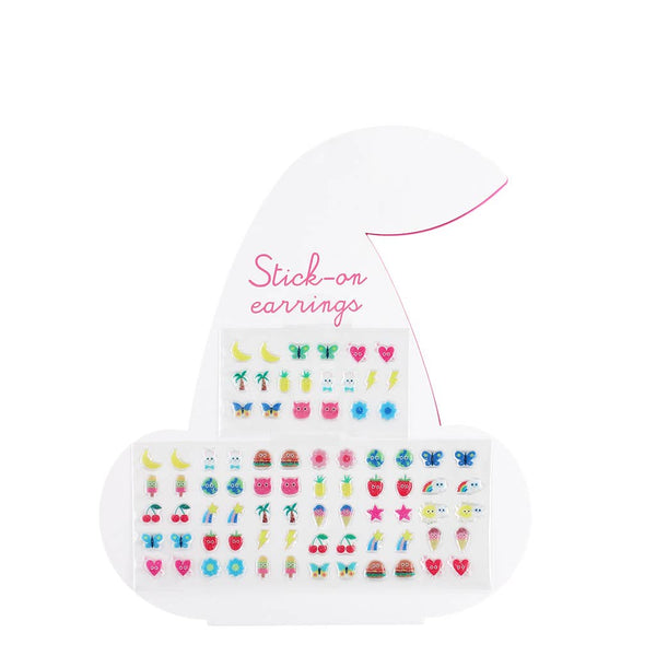 Pack of stick-on earrings with various designs on a white background