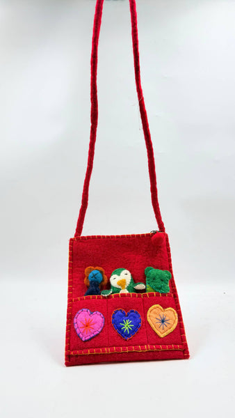 Red Handmade Felt Puppets Cross Bag for Kids - Funky Yak Ltd