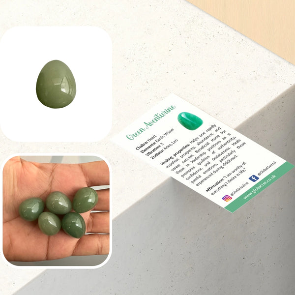 Green jade gemstones with a properties card on a light background
