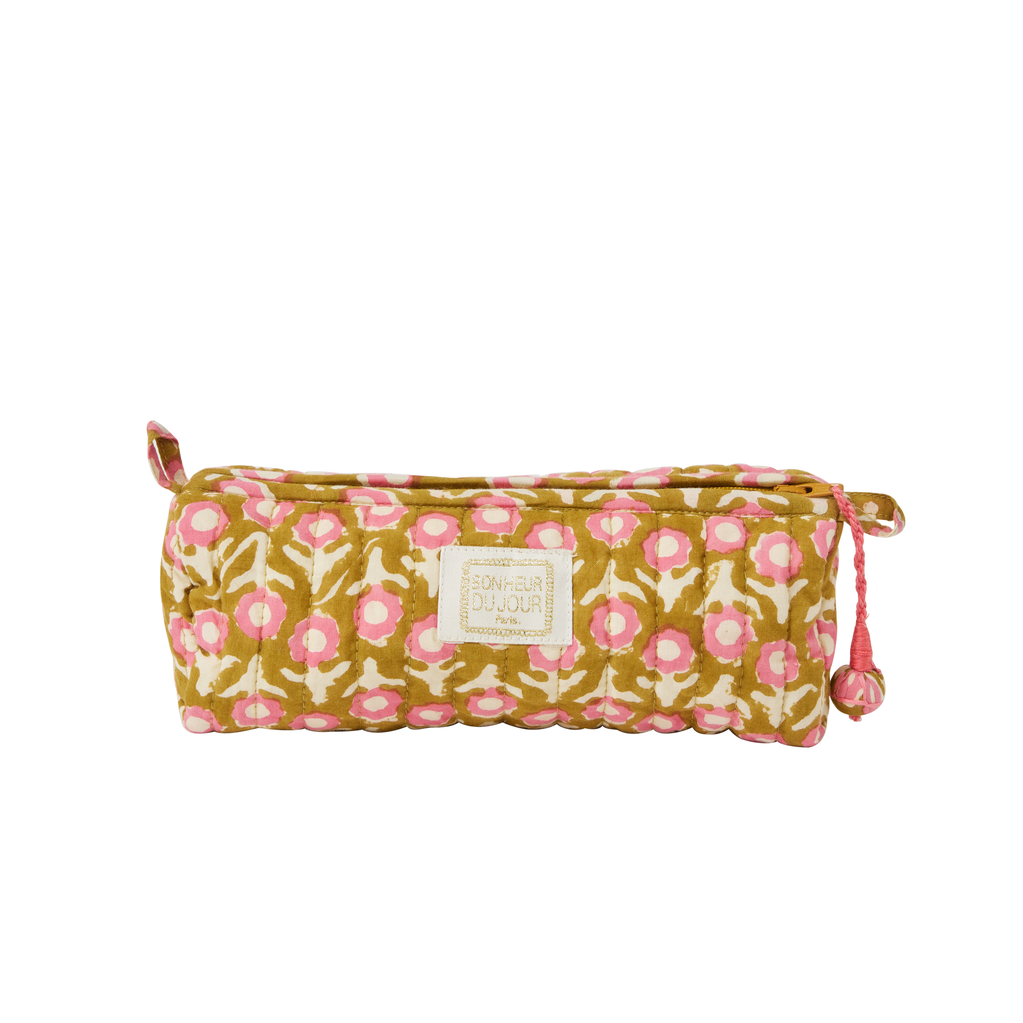 Floral patterned pencil case with a brand label on a white background