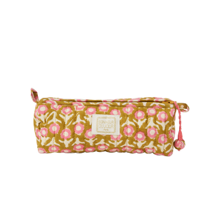 Floral patterned pencil case with a brand label on a white background