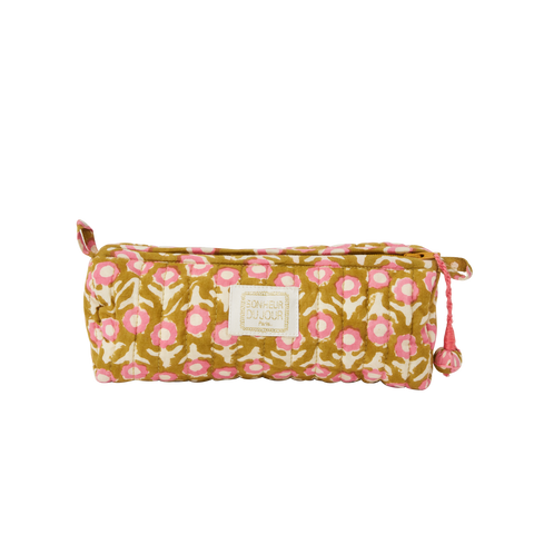 Floral patterned pencil case with a brand label on a white background