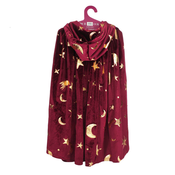 Red cape with gold star and moon patterns on a white background